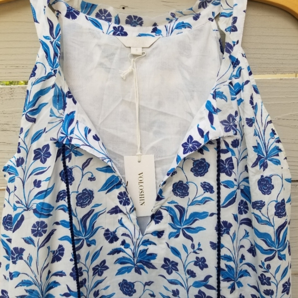 NWT Voloshin Paradise Tassel Boho Floral Shift Dress Blue White Small - Picture 5 of 8
